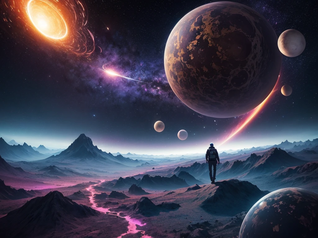 a man walking in the void, psychedelic patterns, psychedelic colors, many magic mushrooms, floating planets, passing meteor, pure bliss, surreal, 8k, high quality, hyper detailed, cinematic lighting, vibrant colors, dramatic composition, photorealistic, masterpiece