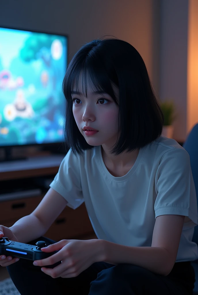 A woman with medium straight black hair with a white cropped fringe wearing black pants playing a drawn video game
