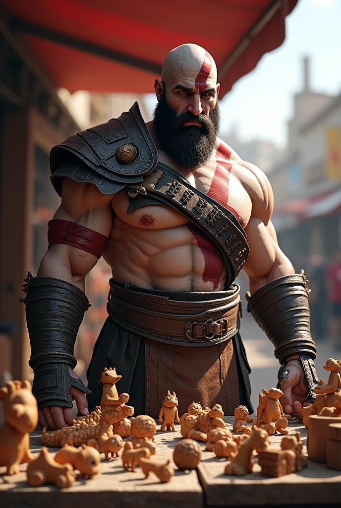 Give me 5 images of Kratos as a toy salesman