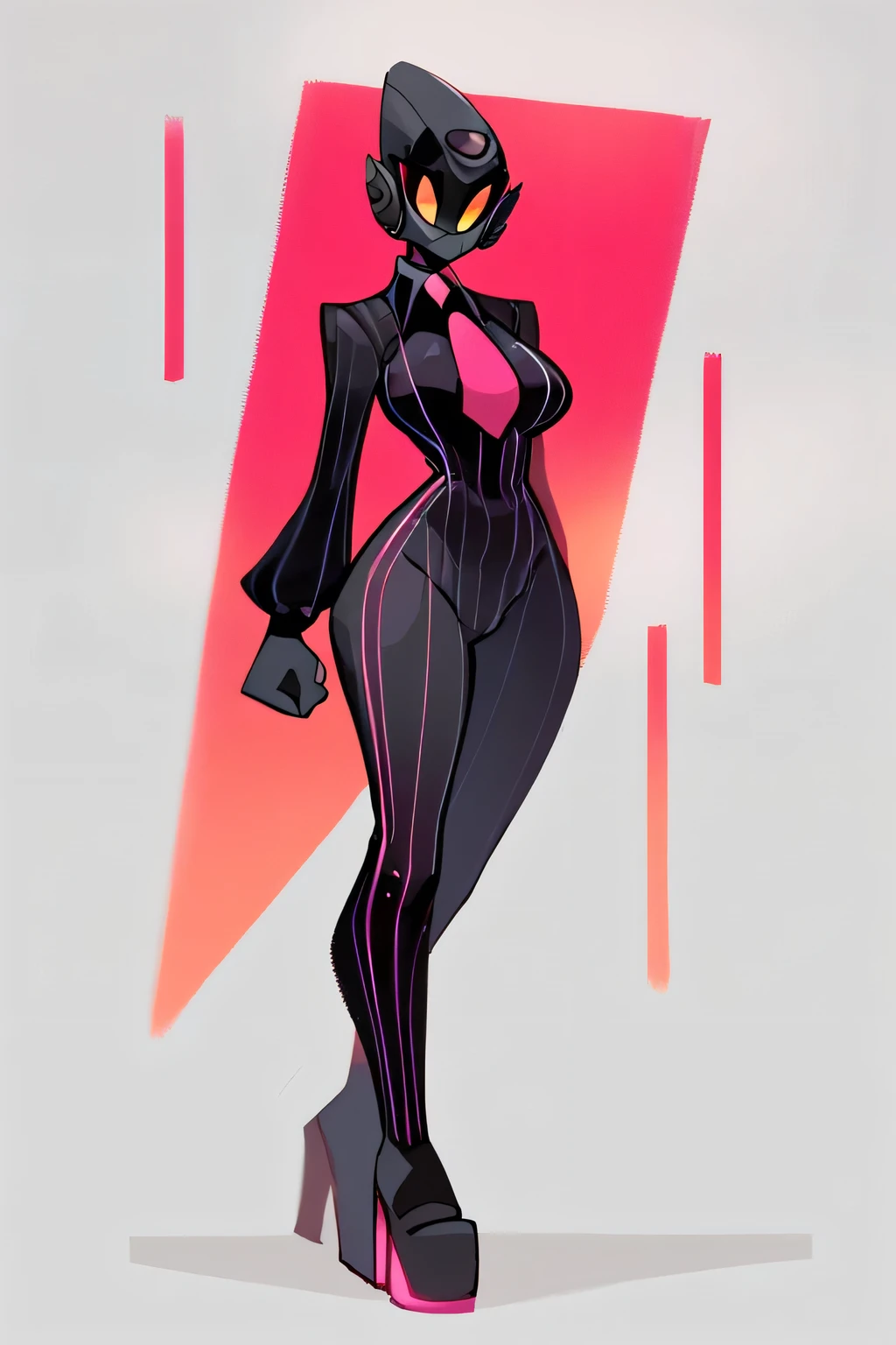 score_9, score_8_up, score_7_up, score_6_up, score_5_up, score_4_up, (1girl), (masterpiece, best quality, ultra-detailed), Speaker Woman, humanoid female with a large red speaker for a head, sleek black pinstripe suit, fitted jacket with a tie, long sleeves, form-fitting pants, confident and assertive pose, black gloves, glowing red, vibrant red background, siple lighting, dynamic composition, smooth shading, clean lines, clear focus, full-body view, robot_head_speaker, real human body, robot_head_speaker_woman, robot_head, Black full body suit elegant with stripes with, Red shirt underneath, 