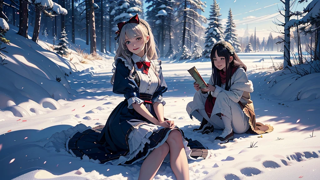((masterpiece,best quality,ultra detailed,ultra high res)), (mastepiece, Best Quality, Ultra-detailed, Photorealistic, extremely delicate and beautiful),
Alice in Wonderland, at winter, Playing in the snow, Happy smile, Very beautiful girl, correct facial features, detailed image of a girl