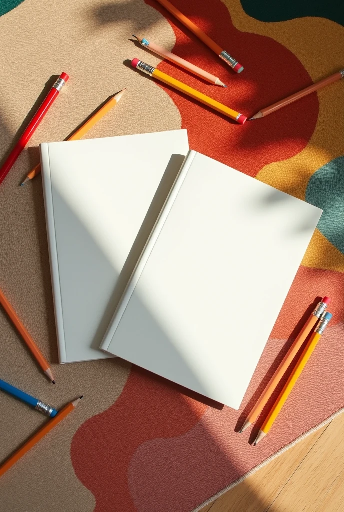 a flat lay with two blank white 8.5x11 inch hardcover journals with smooth matte finishes. They are placed on a colorful beige wavy pattern French rug on a natural oak floor with pencils, set in a vibrant French interior with a spring color tone and vibe. The scene is illuminated by warm, bright morning light, creating a cheerful and lively atmosphere.