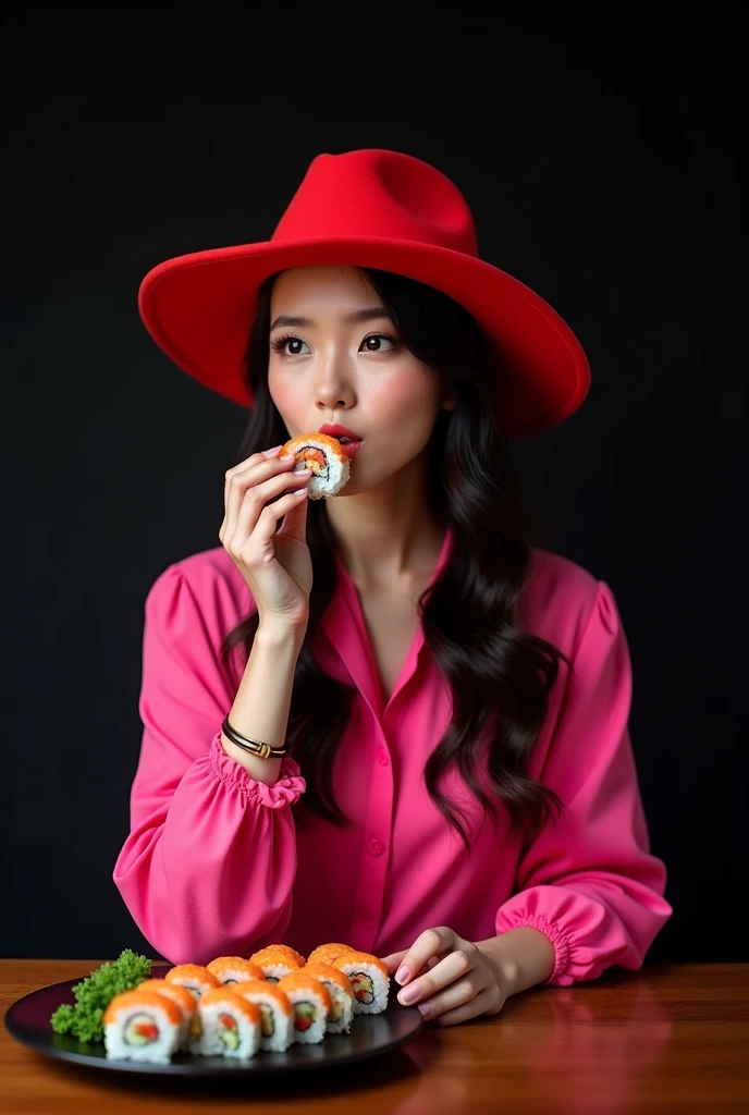 stylish photo of a girl eating Japanese rolls like a hooligan, the girl is wearing a pink blouse, On his head is a bright red hat with wide brim, the photo was taken professionally, high detail, studio light, side view, backlighting that emphasizes the volume of the photograph, advertising photography, On a black background