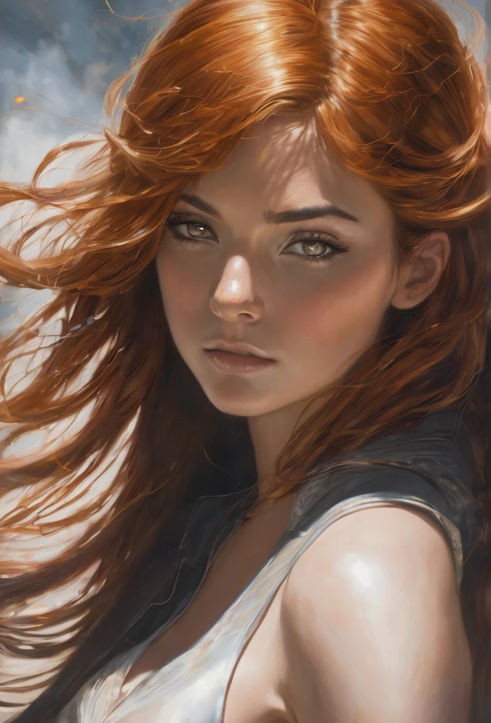 A woman with copper hair and copper eyes