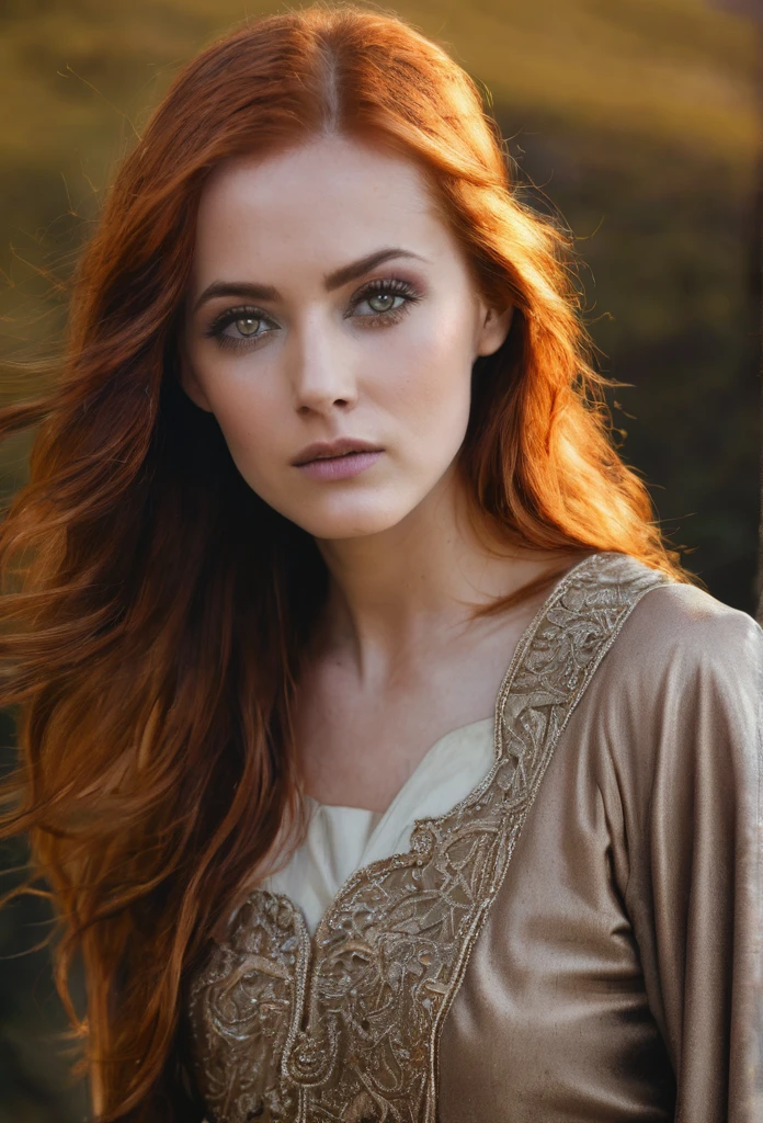 A woman with copper hair and copper eyes