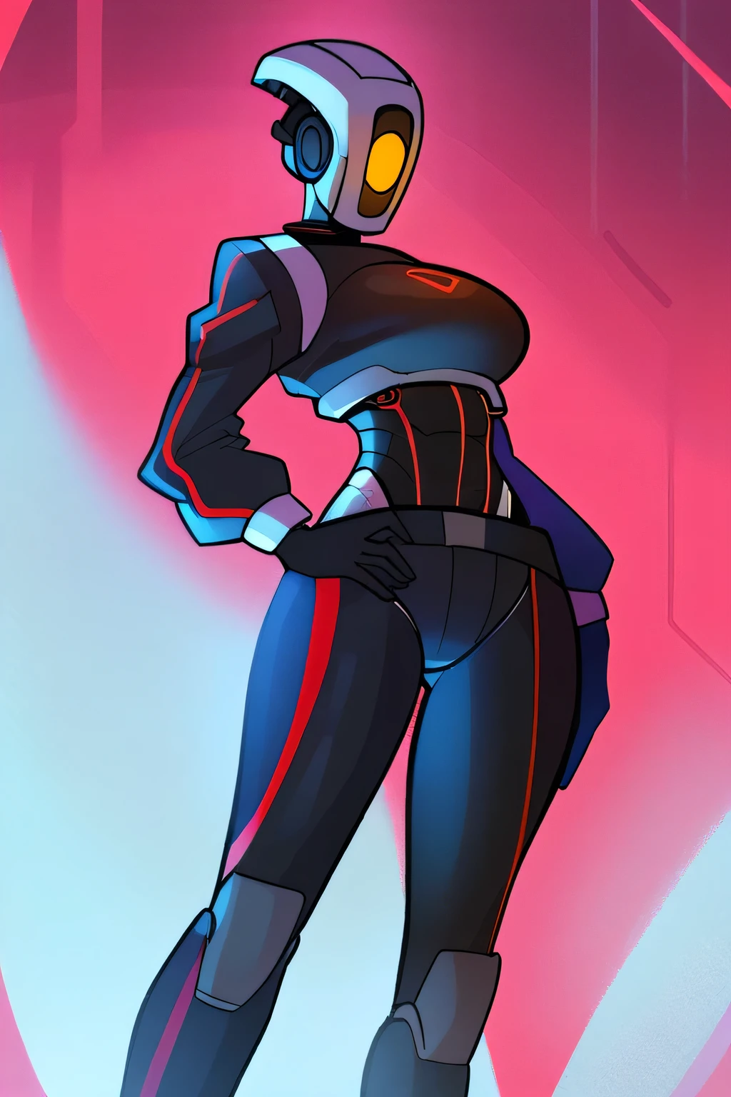 score_9, score_8_up, score_7_up, score_6_up, score_5_up, score_4_up, (1girl), (masterpiece, best quality, ultra-detailed), Speaker_Woman_character, Black full body suit with stripes, red shirt, humanoid female with a large red speaker for a head, sleek black pinstripe suit, fitted jacket with a tie, long sleeves, form-fitting pants, confident and assertive pose, black gloves, glowing red, vibrant red background, siple lighting, dynamic composition, smooth shading, clean lines, clear focus, full-body view, robot_head_speaker, real human body, robot_head_speaker_woman, robot_head,