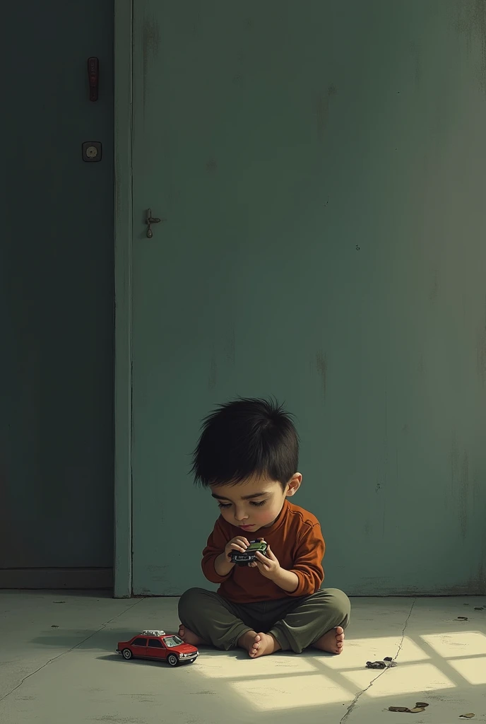 Hassan sitting alone with his toy car, looking a bit bored and lonely. The surroundings are quiet, emphasizing his sense of isolation.
