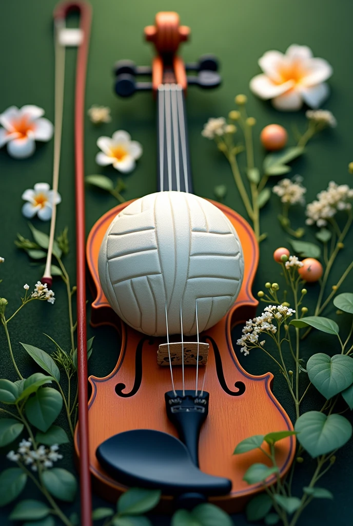 A wallpaper on the theme of volleyball and violin with a little greenery and flowers please

