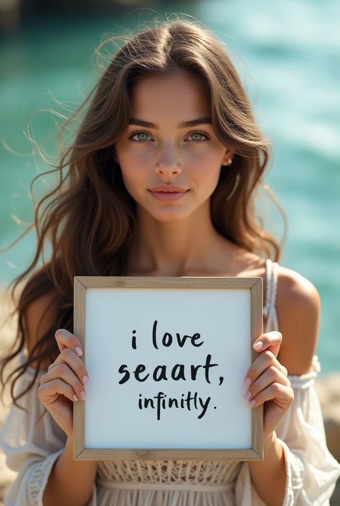 Beautiful girl with wavy long hair, bohemian dress, holding a white board with text "I Love Seaart Infinity" and showing it to the viewer