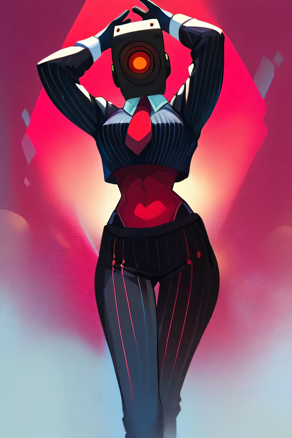 score_9, score_8_up, score_7_up, score_6_up, score_5_up, score_4_up, (1girl), (masterpiece, best quality, ultra-detailed), Speaker Woman, humanoid female with a large red speaker for a head, sleek black pinstripe suit, fitted jacket with a tie, long sleeves, form-fitting pants, confident and assertive pose, black gloves, glowing red, vibrant red background, siple lighting, dynamic composition, smooth shading, clean lines, clear focus, full-body view, robot_head_speaker, real human body, robot_head_speaker_woman, robot_head,