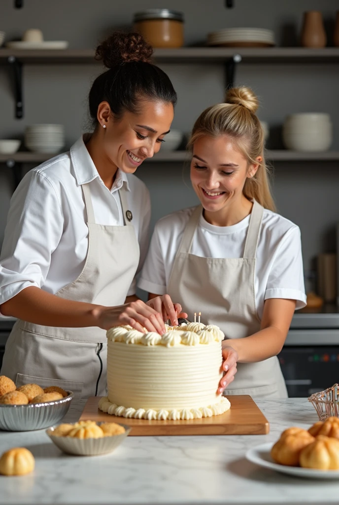 Picture of two people making a birthday cake, in a photo shoot for a pastry company 