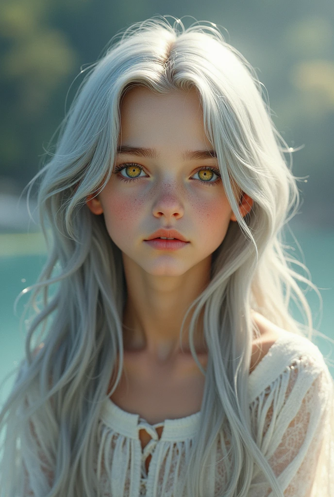 Man with fine features, twelve years old, with a beautiful, long silky silver hair, and shining golden eyes