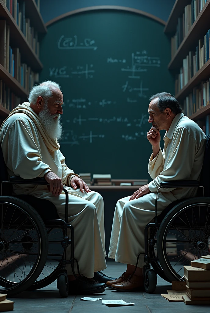 Stephen Hawking in a wheelchair and Aristotle are next to each other, both lost in their thoughts. The lighting is dim and the color scheme is subdued., focusing on the blues and greys. The background is a library, with bookshelves that extend to the ceiling. Steven is wearing a modern suit, while Aristotle wears ancient Greek tunics. The two are surrounded by books and papers, with a blackboard in the background covered in equations and diagrams.