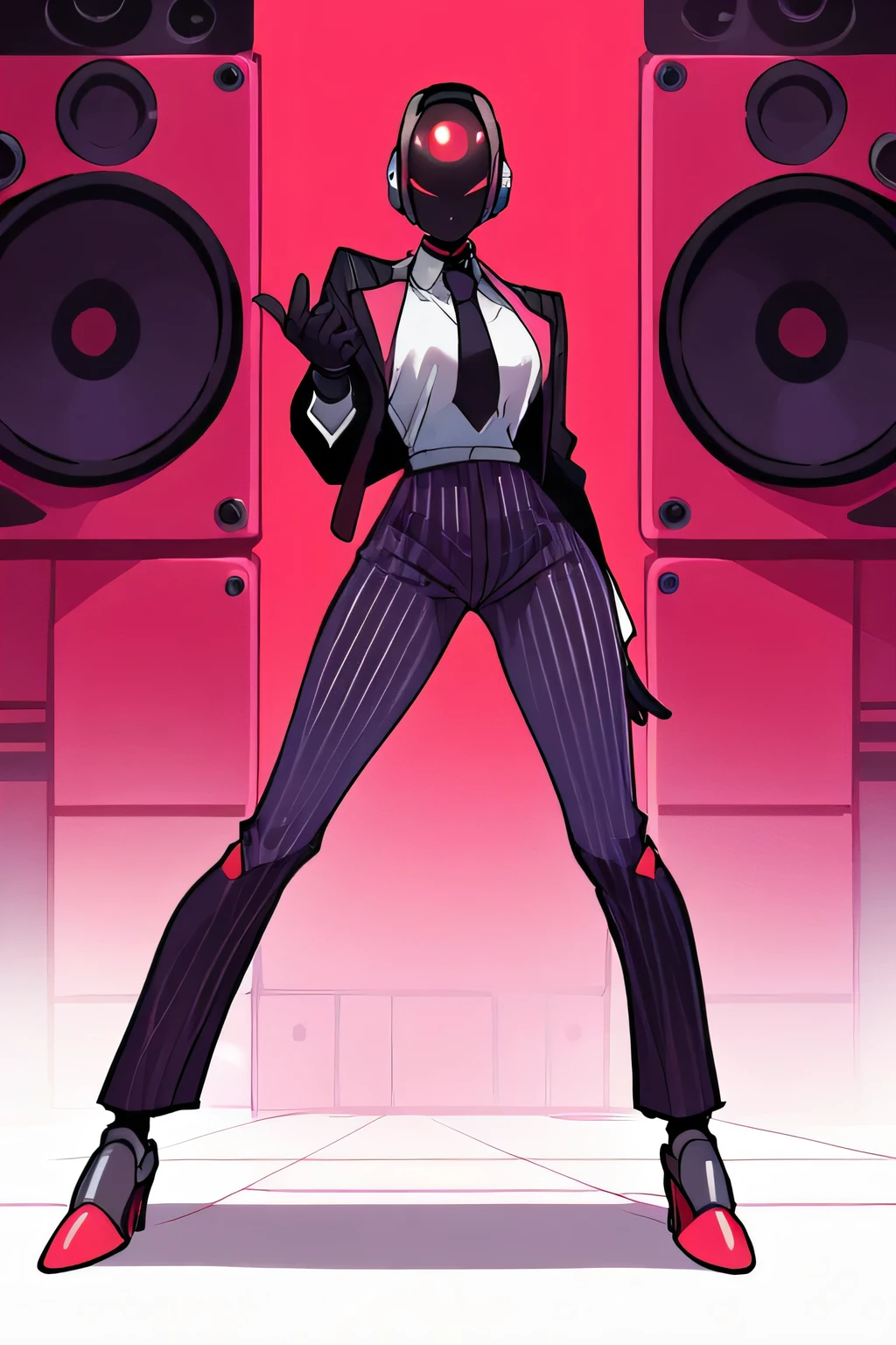 score_9, score_8_up, score_7_up, score_6_up, score_5_up, score_4_up, (1girl), (masterpiece, best quality, ultra-detailed), Speaker Woman, Elegant suit, humanoid female with a large red speaker for a head, sleek black pinstripe suit, fitted jacket with a tie, long sleeves, form-fitting pants, confident and assertive pose, black gloves, glowing red, vibrant red background, siple lighting, dynamic composition, smooth shading, clean lines, clear focus, full-body view, robot_head_speaker, real human body, robot_head_speaker_woman, robot_head,