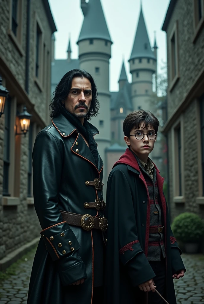 Colin O' Donoghue aka Captain Hook, Killian Jones with short black hair, suitet in a black leather pirate coat showing Harry Potter, who wears round glasses and looks typical like him, how to do magic. they both face the camera. They are in Hogwards, you can see the school in the background. It's a magical yet mysterious atmosphere. Draw it hyperrealistic, cinematic and fullbody