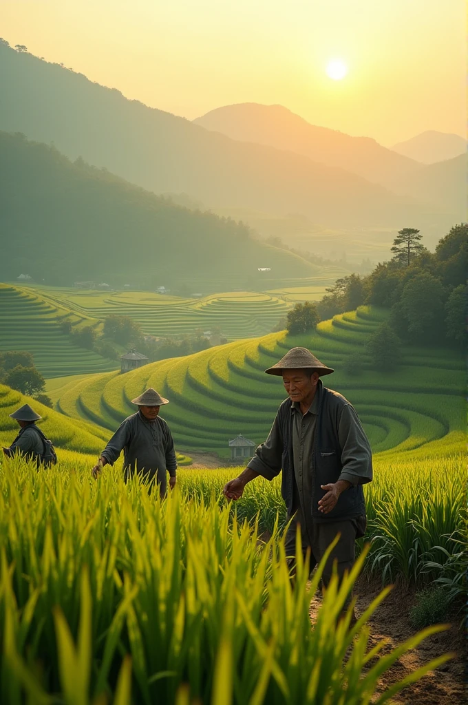 Rural Chinese landscape with farmers, working under the sun, realistic environment, UHD, cinematic realism.