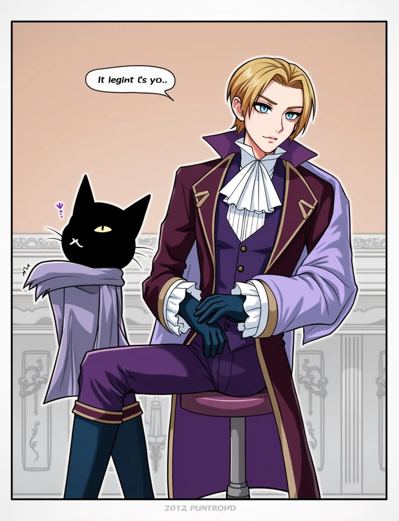 masterpiece, Best quality, a high resolution, Pale and tall man, Appears to be 30-3. It's been a long time (to the waist) With light blond hair with a golden tint, Thin gray-blue eyes with dark purple eyeshadow and noticeably high cheekbones. His clothes are in Victorian style, old, Long dark burgundy jacket with lavender lining and gold pins on the folded cuffs. Under his jacket he has a purple vest over a white ruffled shirt, Wearing classic purple trousers, In dark blue knee-high boots and gloves of the same color. , Purple cloak, , sitting on a chair