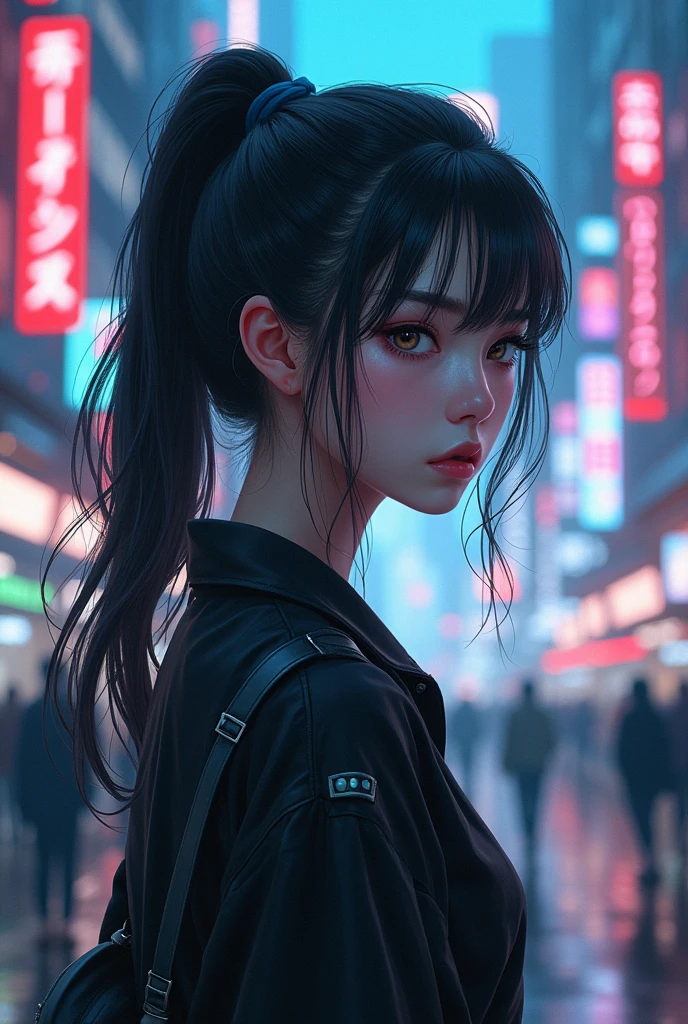 there is a woman standing on the side of the street, Cyberpunk art by Yang J, trends on ArtStation, 真实感, artwork in the style of guweiz, anime styling. 8k, Guweiz, anime styling 3 d realista, trends on cgstation, 🤤 portrait of , hiper-realistic cyberpunk style, anime styling mixed with fujifilm, garota cyberpunk sonhadora