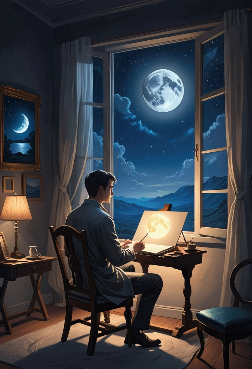 creates the image of a man sitting alone in a chair creating poems next to the window with a moon and a serene night with a painting that holds an empty landscape