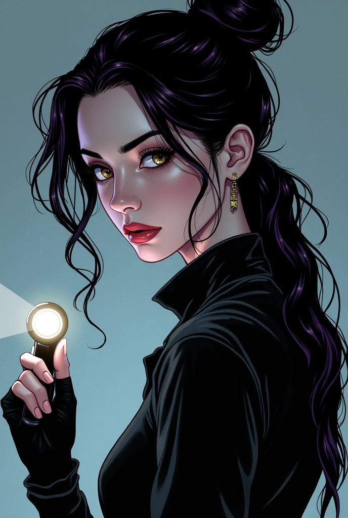 20 year old woman with mysterious expression, she has long, very dark hair, with a few purple lighting points. dark brown eyes, she usually has a loose bun, wear clothes in neutral colors (usually makes a play with black and gray and white details, with a flashlight in his hand unraveling the mystery, It has a kind of dark academia style, no back ground, dc comic art style