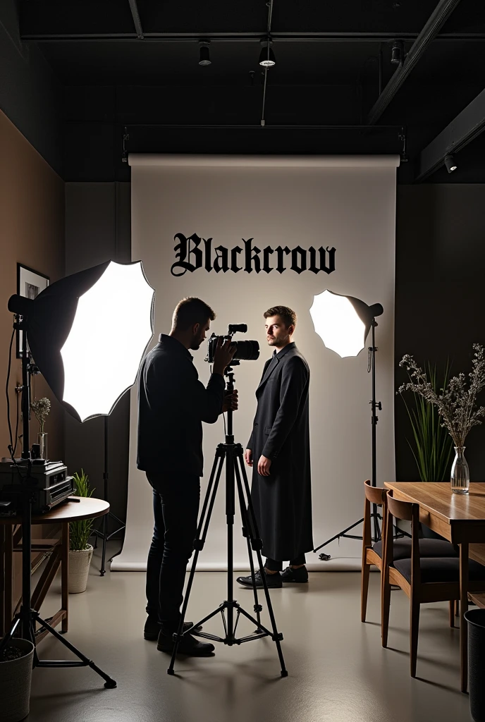 Photographic studio with 1 man in it doing a photoshoot to a client. studios name is blackcrow in blackletter font