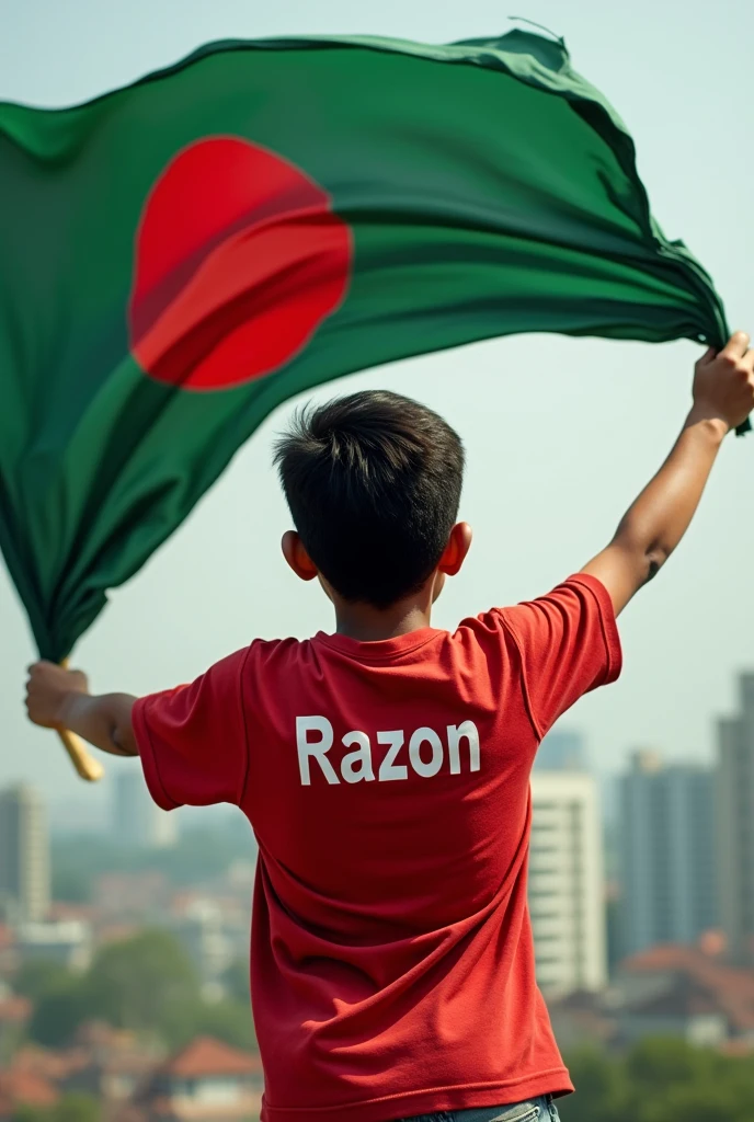 A boy wearing Bangladesh T shirt with name RAZON, weaving Bangladesh flag and cheering. Show from backside 