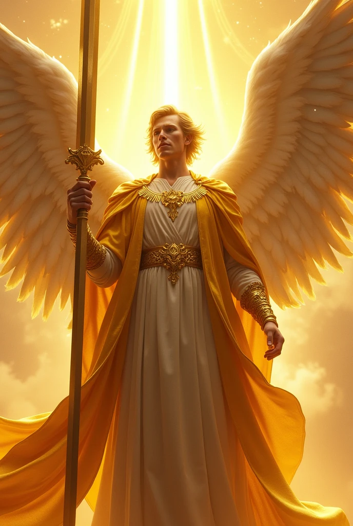Giant male angel in a golden robe holding a golden sword with both hands