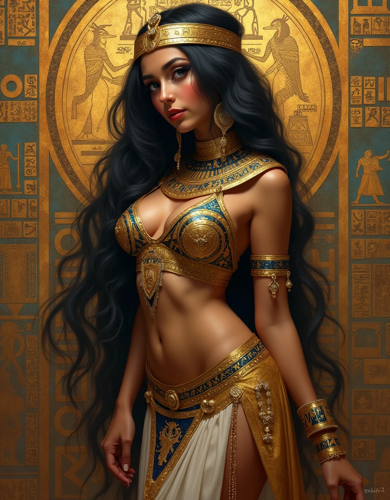 portrait full body female Egyptian concubine with slim curvy (body Egyptian hieroglyphs and Egyptian pattern painting:1.3) by gaston bussiere, greg rutkowski, yoji shinkawa, yoshitaka amano, tsutomu nihei, donato giancola, tim hildebrandt, oil on canvas, trending on artstation, featured on pixiv, cinematic composition, extreme detail, metahuman creator, no nude