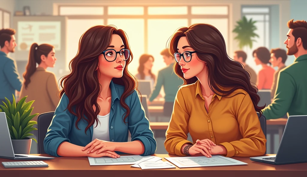 I need a playful image in illustration, which represents welcoming, safety, comfort.  
there are two women, one of whom is the boss (director) and the other is the employee). They have a look of complicity
director features (woan 40 years): long, straight brown hair, glasses 
employee characteristic (woman 29 years): wavy brown hair, glasses 
They are both wearing more casual clothes. 
scenario a chaotic work environment in an advertising agency, with peoples in the backgroud. 
format: horizontal


