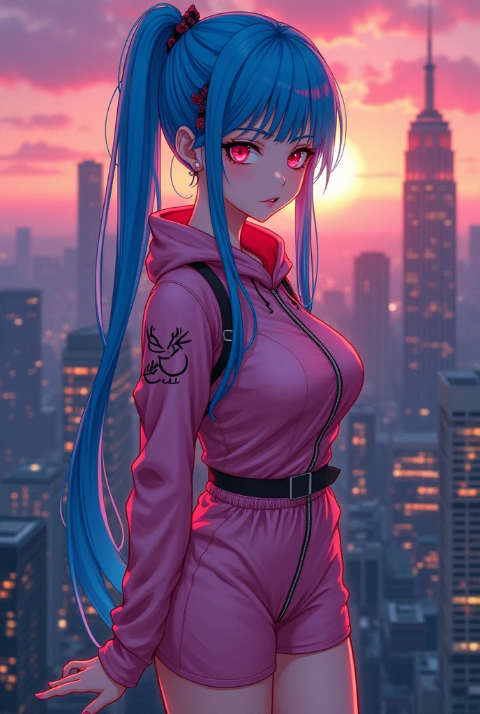 create a full body one the hair is long and tied up the color blue and pink highlights it is an emo outfit it is a pink sauto she will use red makeup it is a black look (create it in an anime style) it is located on top of a building