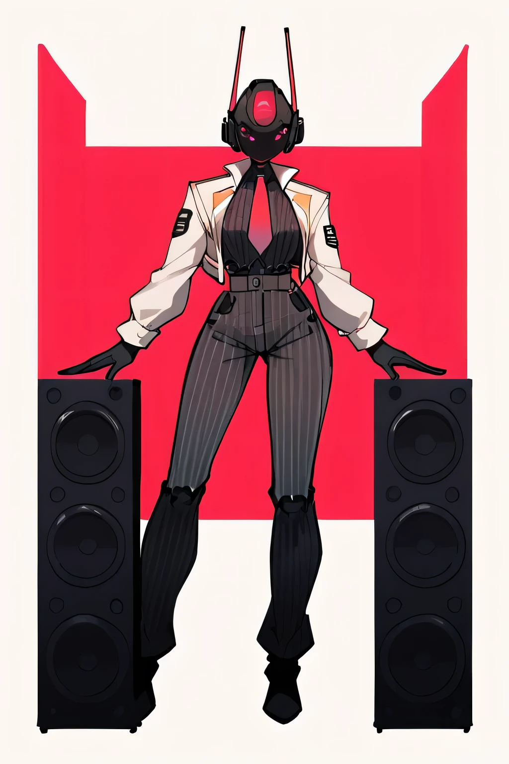 score_9, score_8_up, score_7_up, score_6_up, score_5_up, score_4_up, (1girl), (masterpiece, best quality, ultra-detailed), Speaker Woman, humanoid female with a large red speaker for a head, sleek black pinstripe suit, fitted jacket with a tie, long sleeves, form-fitting pants, confident and assertive pose, black gloves, glowing red, vibrant red background, siple lighting, dynamic composition, smooth shading, clean lines, clear focus, full-body view, robot_head_speaker, real human body, robot_head_speaker_woman, robot_head,