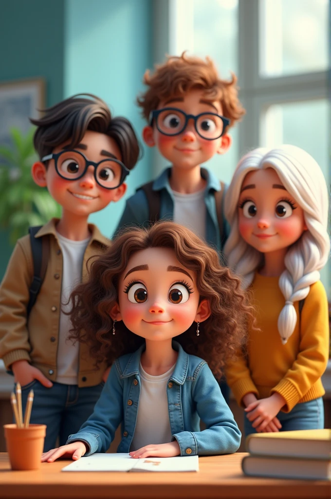 5 students 2 boys 1 of them with glasses with black hair the other with brown hair two girls with curly hair one brown and the other white with medium length hair and one with straight hair to the shoulders