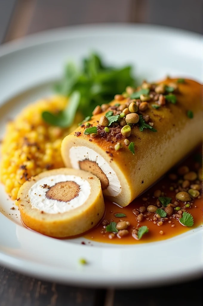 ((best quality)), ((masterpiece)), (detailed),
Main course of chicken terrine wrapped in pistachio accompanied with potato omelette
