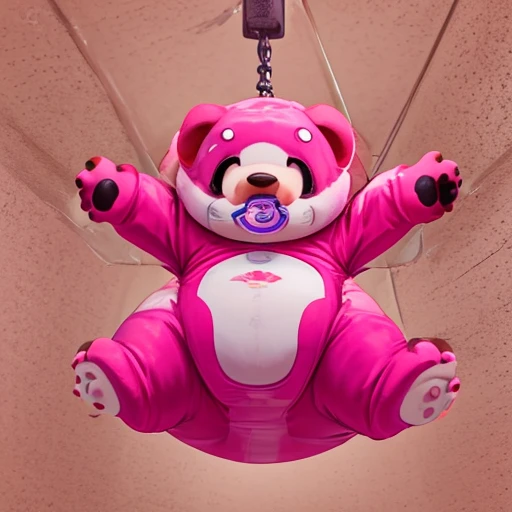A full body photo of a very realistic inflatable Chibi Pink Inflatable Otter mascot suit, with a glossy, shiny vinyl surface that reflects light, taken indoors in a room with large limbs appearing soft and plush. The Inflatable Otter is depicted in a sitting position with paws rubbing pussy.