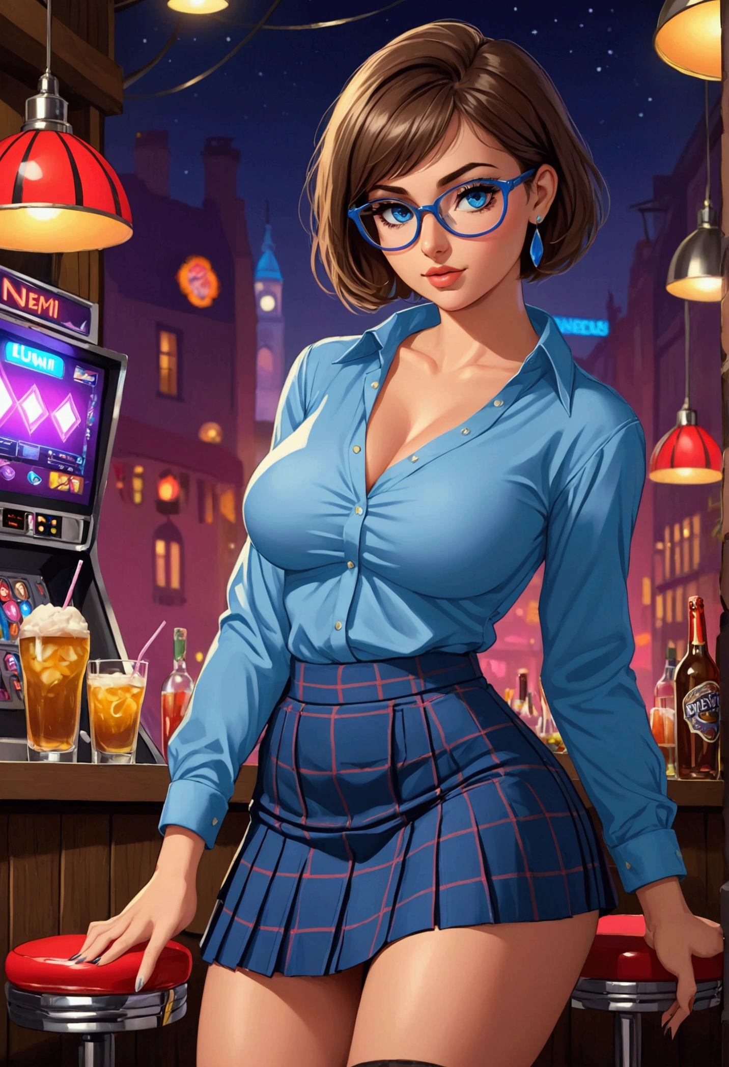20 years old woman, Short brown hair, Méditerranéenne aux blue eye, Generous and heavy breasts, slender waist, estomac defini, fesses rebondies et pulpeuses, naturally curved, muscular thighs, aguicheuse, on a night-club , plaid pleated mini skirt and blouse, lunettes , earrings, blue eye, talons