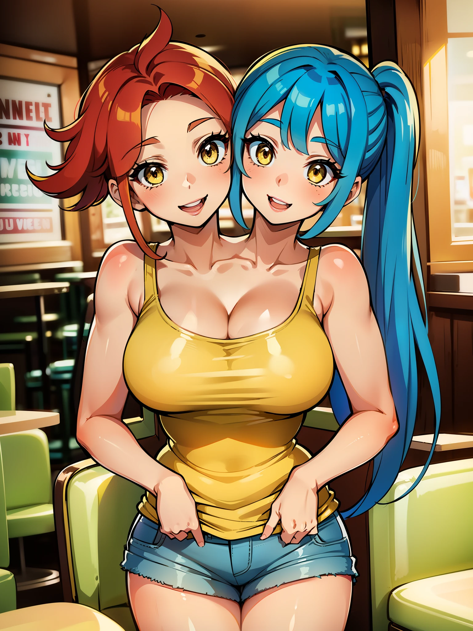 2 heads, (a tall skinny woman with 2 heads.) In a diner. (Wearing a yellow tank top). Wearing shorts. Gorgeous face. Cute. Happy. Smiling. Mature. Flirty. ((ponytails)), ((straight red hair)). ((Straight blue hair)). Seductive. Lustful.. 2 heads. Conjoined. Horny, tall, yellow eyes, (long hair), (cabin background)