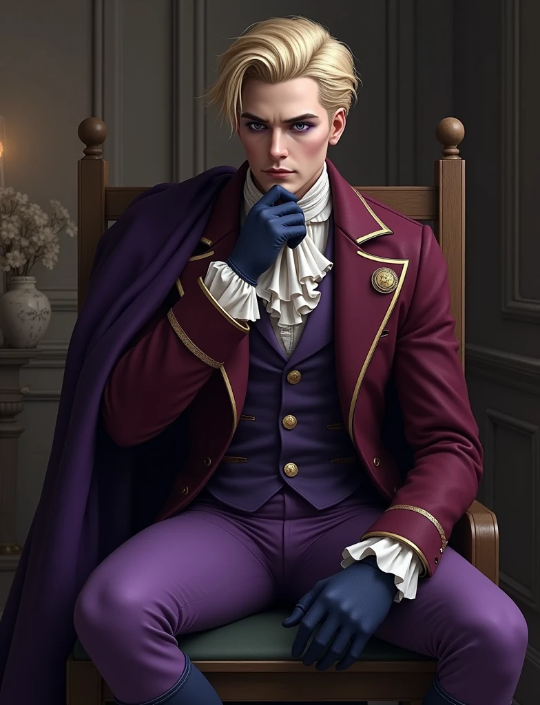 Pale and tall man, Appears to be 30-3. It's been a long time (to the waist) With light blond hair with a golden tint, Thin gray-blue eyes with dark purple eyeshadow and noticeably high cheekbones. His clothes are in Victorian style, old, Long dark burgundy jacket with lavender lining and gold pins on the folded cuffs. Under his jacket he has a purple vest over a white ruffled shirt, Wearing classic purple trousers, In dark blue knee-high boots and gloves of the same color. , Purple cloak, , sitting on a chair, hand on own chin,