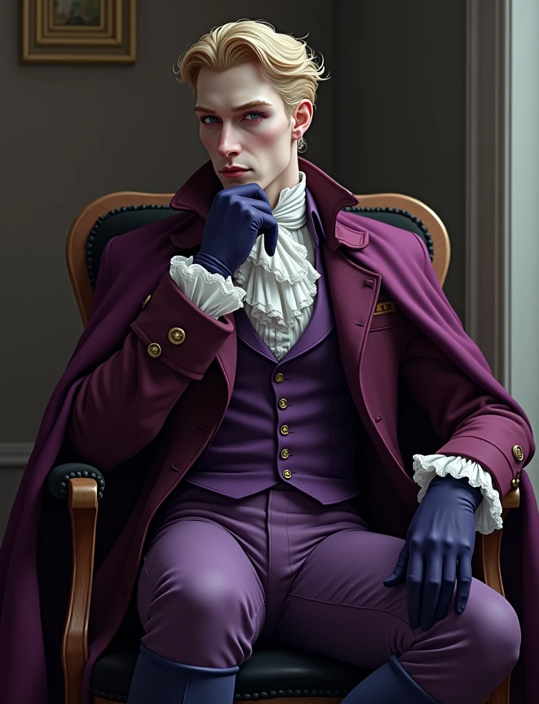 Pale and tall man, Appears to be 30-3. It's been a long time (to the waist) With light blond hair with a golden tint, Thin gray-blue eyes with dark purple eyeshadow and noticeably high cheekbones. His clothes are in Victorian style, old, Long dark burgundy jacket with lavender lining and gold pins on the folded cuffs. Under his jacket he has a purple vest over a white ruffled shirt, Wearing classic purple trousers, In dark blue knee-high boots and gloves of the same color. , Purple cloak, , sitting on a chair, hand on own chin,
