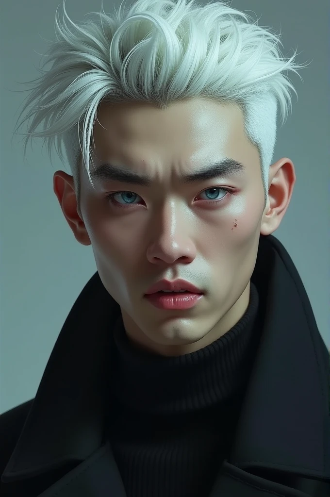 man, Korean, young, white hair, blue eyes, thin face, evil smile with a serious look