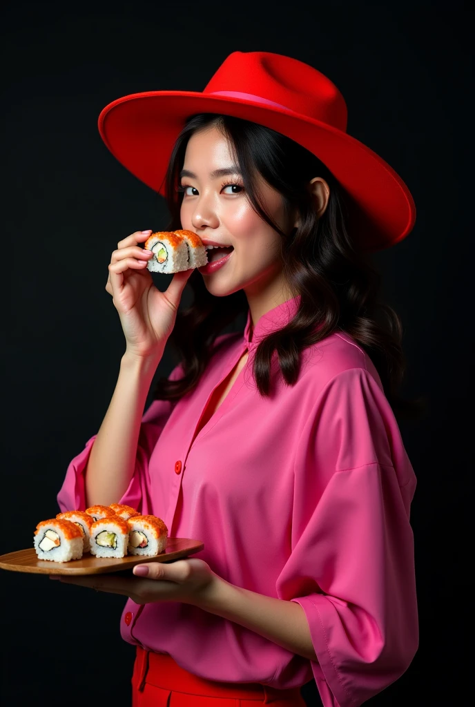 stylish photo of a girl eating Japanese rolls like a hooligan, the girl is wearing a pink blouse, On his head is a bright red hat with wide brim, the photo was taken professionally, high detail, studio light, side view, backlighting that emphasizes the volume of the photograph, advertising photography, On a black background
