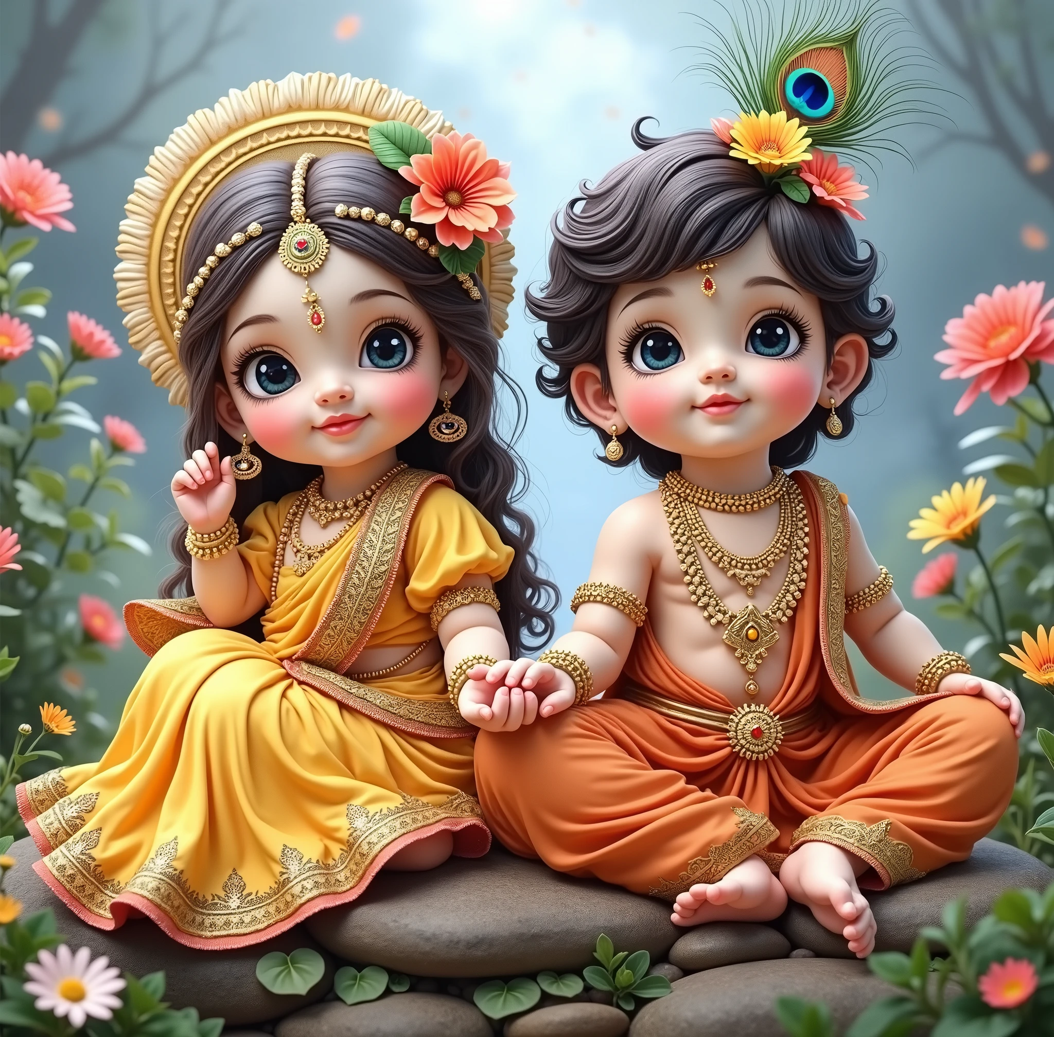 Generate images of cute Radha and Krishna as a child , feather of peacock tucked to the head