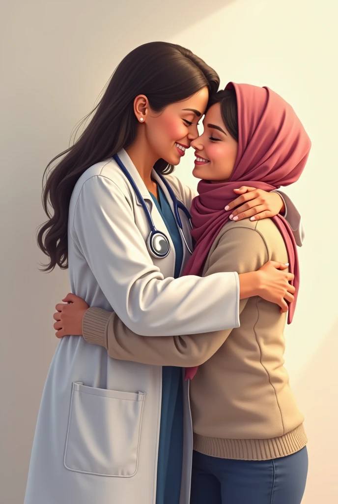 A young doctor in her doctors coat, huggin her mother (wearing head scarf) tightly and happy (her mother wearing normal clothes)