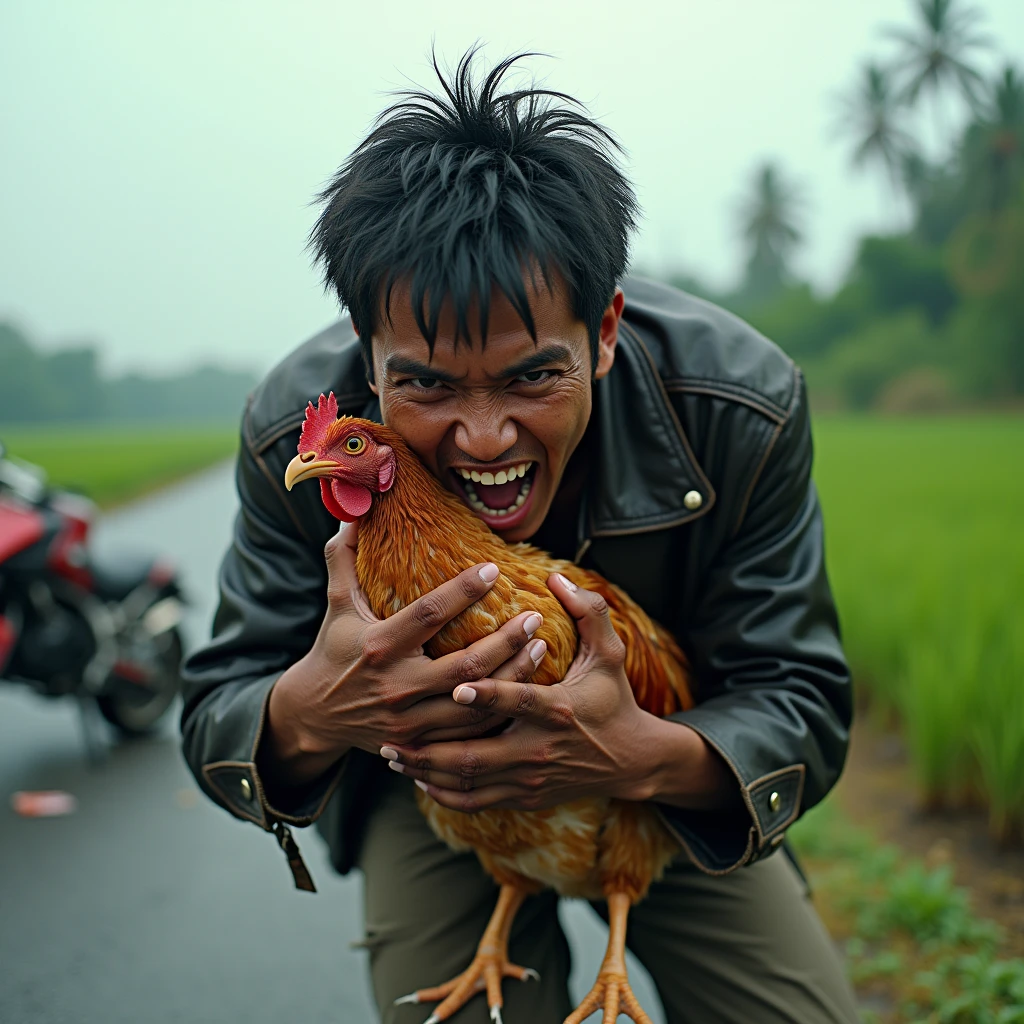 Real photo of young Indonesian man. wearing a torn leather jacket. wearing a helmet standing with a very angry expression strangling a chicken's neck with a frightened expression, bulging eyes, lots of feathers flying and coming off. on the asphalt road on the edge of the rice field behind a sports motorbike fell as if it had just had an accident on the side of the road. tampak sep Ultra-realistic 8K photograph, shot with a Leica Q2, strong color contrast and sharp clarity --ar 9:16 --quality 2 --