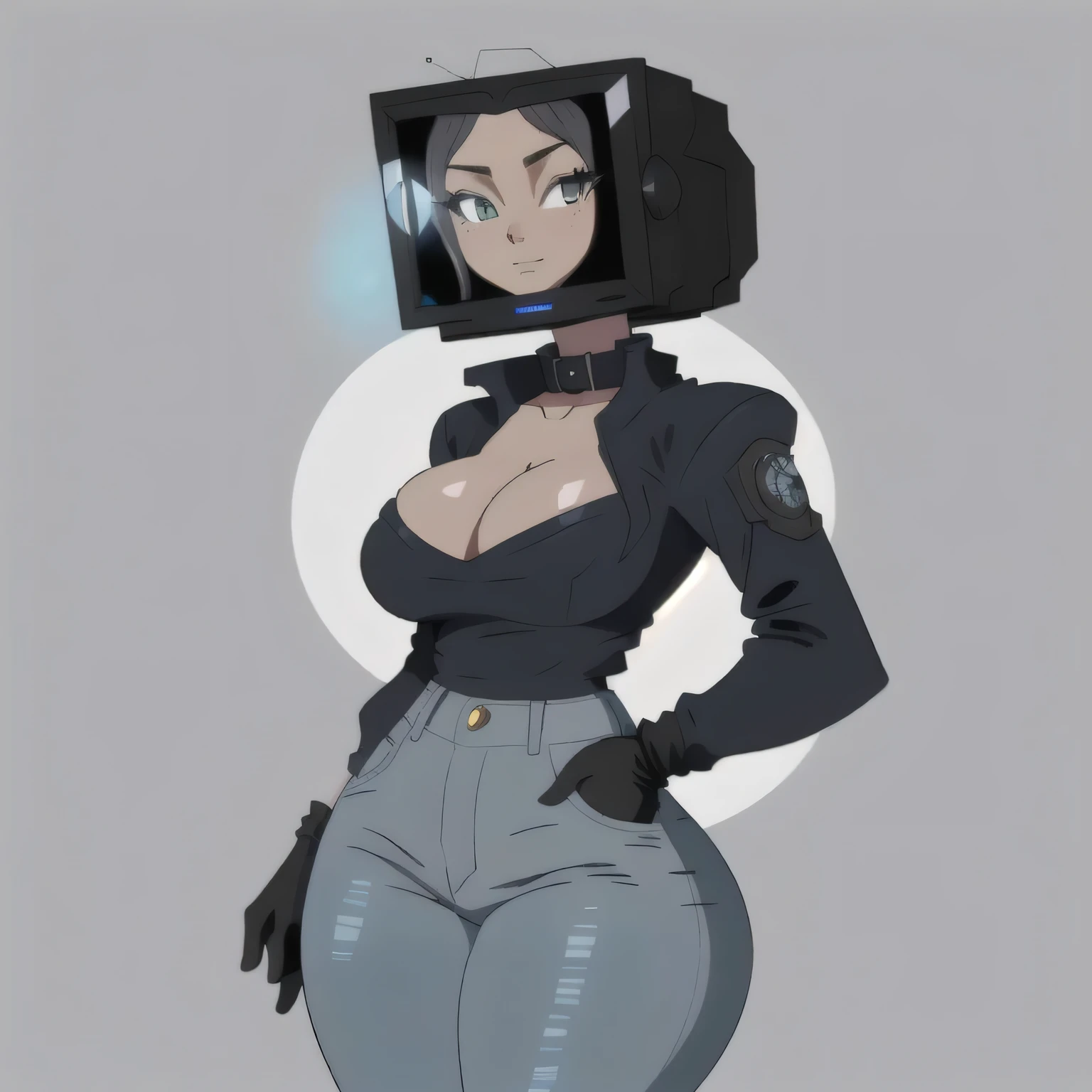 score_9, score_8_up, score_7_up, score_6_up, score_5_up, score_4_up, (source_anime), 1girl, huge breasts, (masterpiece, best quality, ultra-detailed, high resolution), Camera Woman from Skibidi Toilet, Camera head, robotic neck, camera head with blue lens, woman with camera head, humanoid female, camera head with intricate details, glowing blue lens, metallic texture, Casual clothing, Gray long-sleeved shirt unbuttoned from collar to chest, long-sleeved shirt, dark gray jeans, black gloves, sharp and clean lines, hands in pockets, except for thumbs, jeans pockets, tight jeans, neutral blue background, cinematic lighting, soft shading, smooth textures, blue color, full body view, huge peiros, Thick thighs, good waist, wide hips, good figure, athletic body, camera head, Wide and sexy hips, Medium breasts, Woman head camera, Naked breasts, naked body, uncovered body, sexy body,