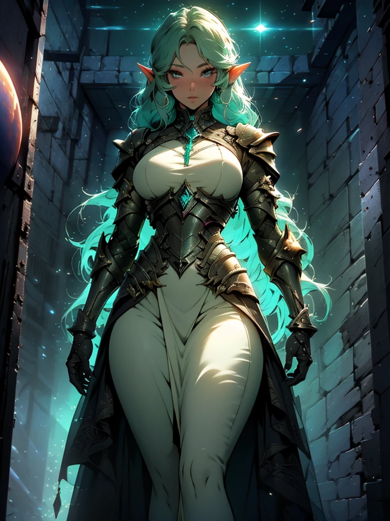 an elf with black skin and, armor, a screenshot of Hazel Armor, afrofuturism, beautiful dark elf countess, beautiful paladin, of a beautiful female warframe, Beautiful anime goddess with long green hair, breasts, big breasts, wearing a short dress, key visual anime, moon, intricate, hips, highly detailed, wide hips, breathtaking beauty, vibrant and sharp focus, illustration, 1 girl, 1 girl, goblin girl, goblin girl, 1girl, seductive, delicate