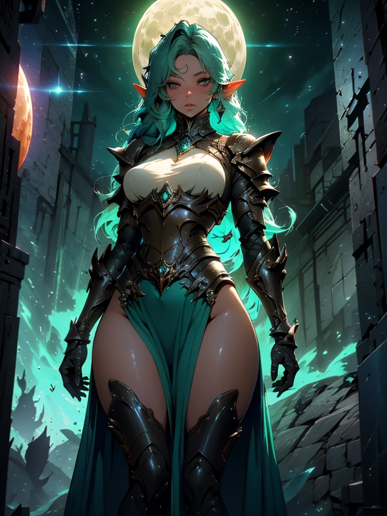 ((best quality)), (detailed), 1 women big pornstar dark barbarian class, 8k_wallpaper, extremely detailed eyes, (large masterpiece digital art), (intricate details:1.3 ), (ultra-detailed:1.3), (sharp focus:1.3), (natural lighting:1.05), (vivid colors:1.3), (best quality:1.4), expressive eyes, full body, detailed face, beautiful face, perfect face, ((hair sandy white curls)), ((gold horns)), (gold eyes), {{dark skin}}, ({dark skinned female}), big breasts, huge chest, powerful relief muscles of the abdomen and legs, powerful strong muscles of the arms, belly piercing with blue emeralds, cruel predatory and cold-blooded arrogant look and smile, an open blue coat with rolled up sleeves, a translucent yellow crop top very clear outlines of huge pointed nipples with large piercings under the fabric, steel combat pauldrons, steel bracers and leather gloves, leather shorts, walks along the path against the backdrop of a ruined elf village and flowering vines and wild forests, style dark fantasy and adventure fantasy world,