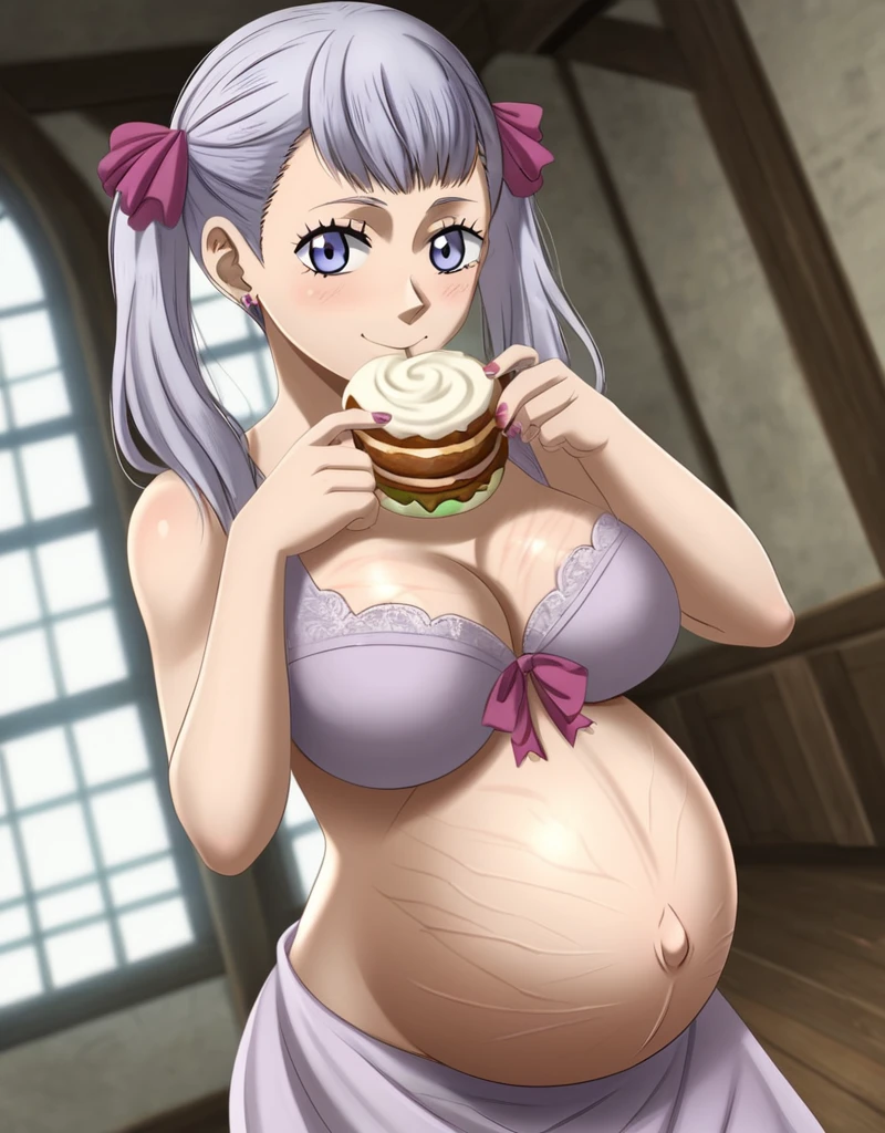 noelle_blackclover, Noelle Silva, Black Clover, long silver hair, waist-length hair, half-up half-down hairstyle, ribbon, side-parted bangs, almond-shaped blue eyes, high-quality, ultra-detailed, beast quality, 8K resolution,
looking at viewer, dutch angle, cowboy shot, smile, pregnant belly, large belly, big belly, big Breasts, Stretch marks, eating,
1girl,solo, indoors, happy, Smiling, rub belly,
full body, Nail polish, Earrings,