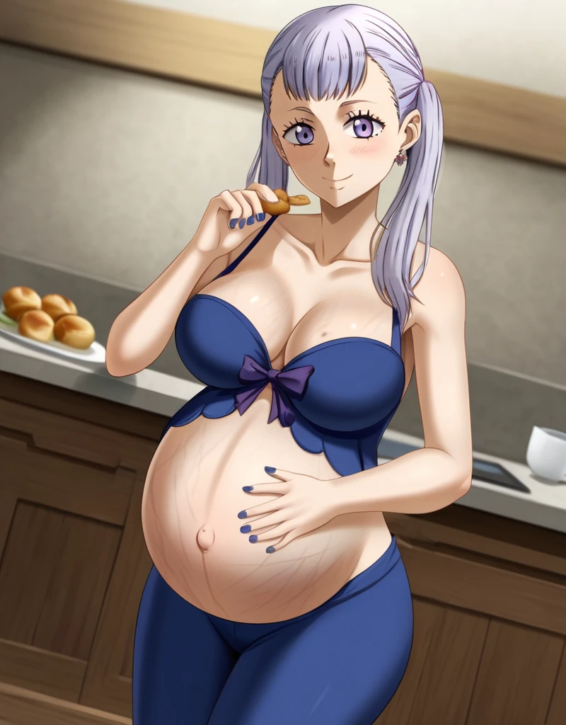 noelle_blackclover, Noelle Silva, Black Clover, long silver hair, waist-length hair, half-up half-down hairstyle, ribbon, side-parted bangs, almond-shaped blue eyes, high-quality, ultra-detailed, beast quality, 8K resolution,
looking at viewer, dutch angle, cowboy shot, smile, pregnant belly, large belly, big belly, big Breasts, Stretch marks, eating,
1girl,solo, indoors, happy, Smiling, rub belly,
full body, Nail polish, Earrings,