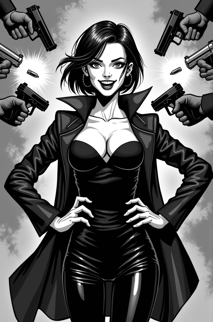 Black and white comic beautiful vampire tougher than steel girl dark short haircut arms on hips laughing while gangsters shoot their weapons at her bouncing all the bullets off her invulnerable body