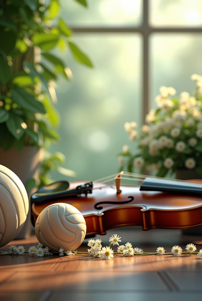 A wallpaper with aesthetic photos on the theme of volleyball and violin with a little greenery and flowers please separate into several images with a motivating phrase in the middle